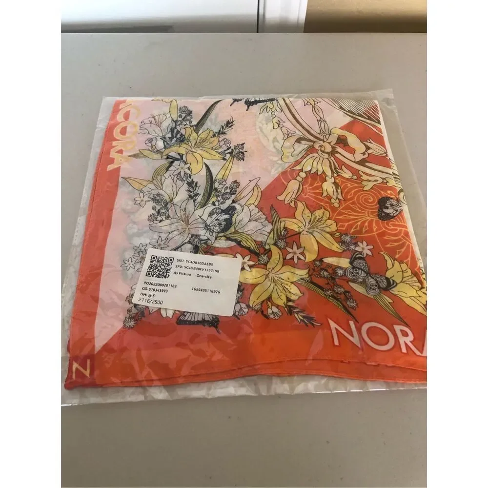NORA Orange Floral Butterfly Square Scarf Lightweight Wrap